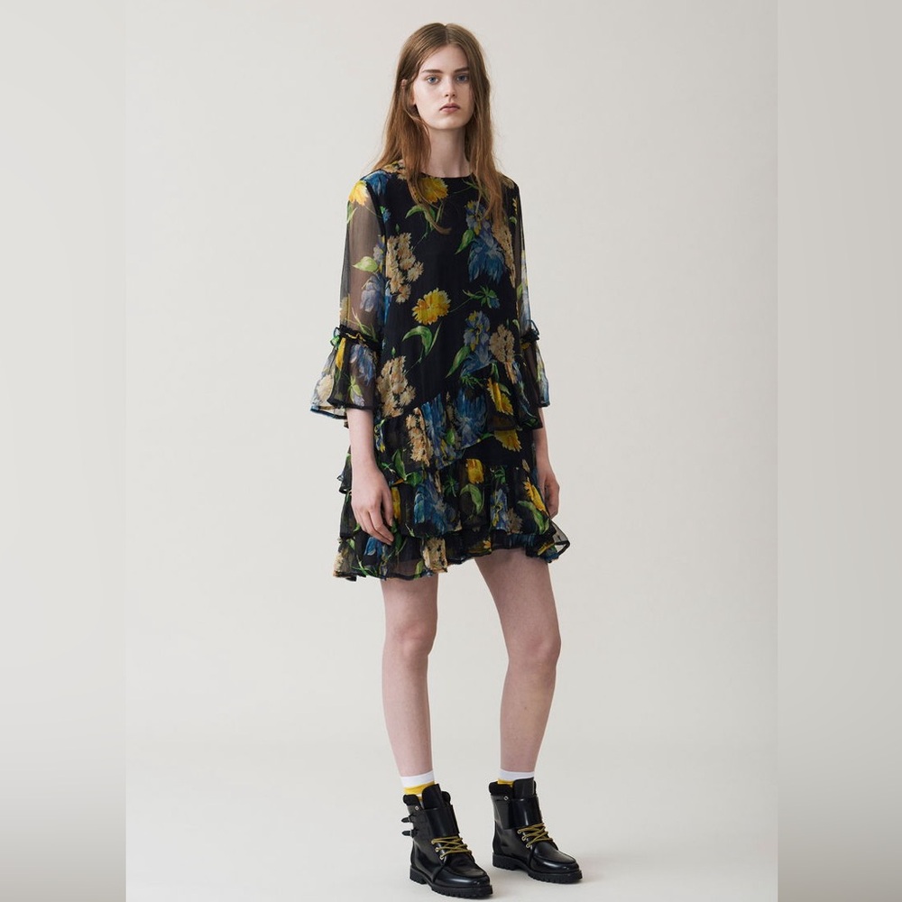 Ganni‎ Louvre Chiffon Layered Mini Dress Black Floral Tiered Ruffle 34 XS